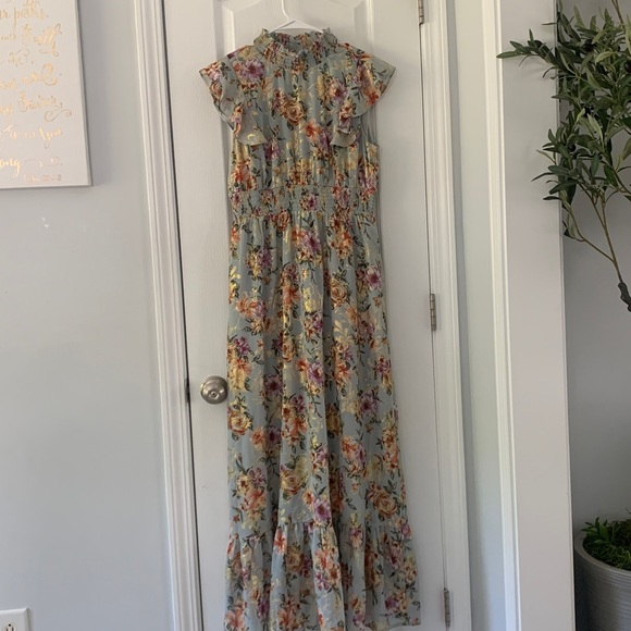 NWT Baltic Born Kearny Ruffle Maxi Dress blue gold shimmer party‎ wedding guest - Picture 2 of 16